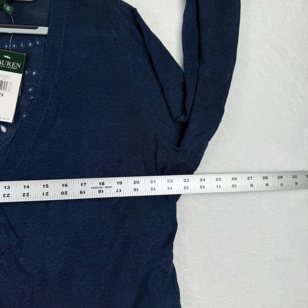 Lauren Ralph Lauren‎ Indigo Blue Linen Blend Eyelet Back Cardigan Sweater 2X NEW
